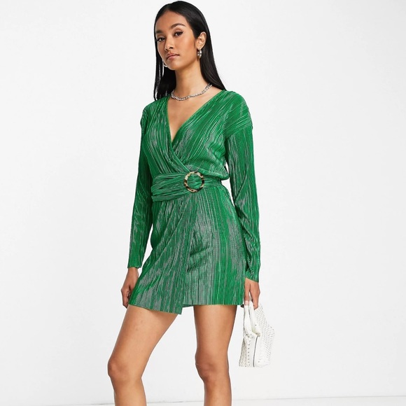 ASOS Green Crinkled Plisse Surplice Mini Sz 12 - Picture 8 of 8